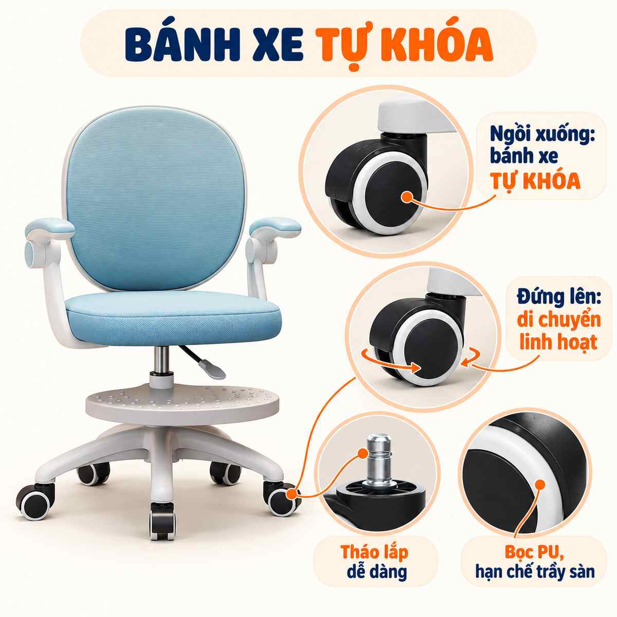 Bánh xe tự khóa an toàn của ghế học sinh HTDKids NTL10