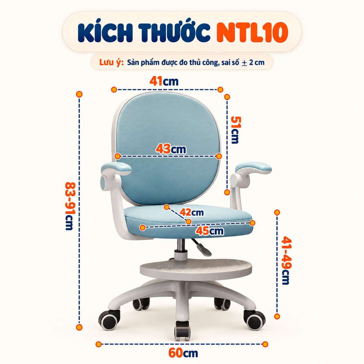 Ghế học sinh chống gù HTDKids NTL10 với thông số kích thước chi tiết