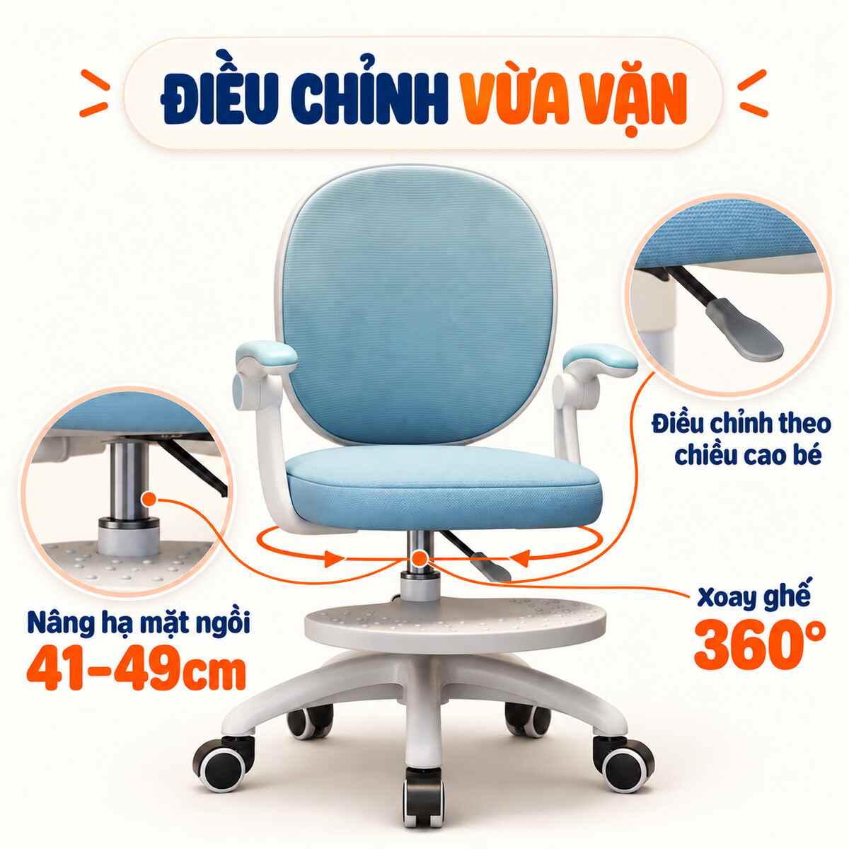 Ghế học sinh chống gù HTDKids NTL10 nâng hạ chiều cao và xoay 360 độ