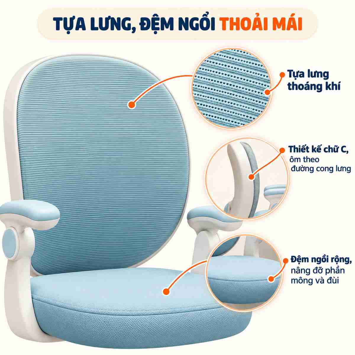 Tựa lưng và đệm ngồi êm ái của ghế học sinh HTDKids NTL10