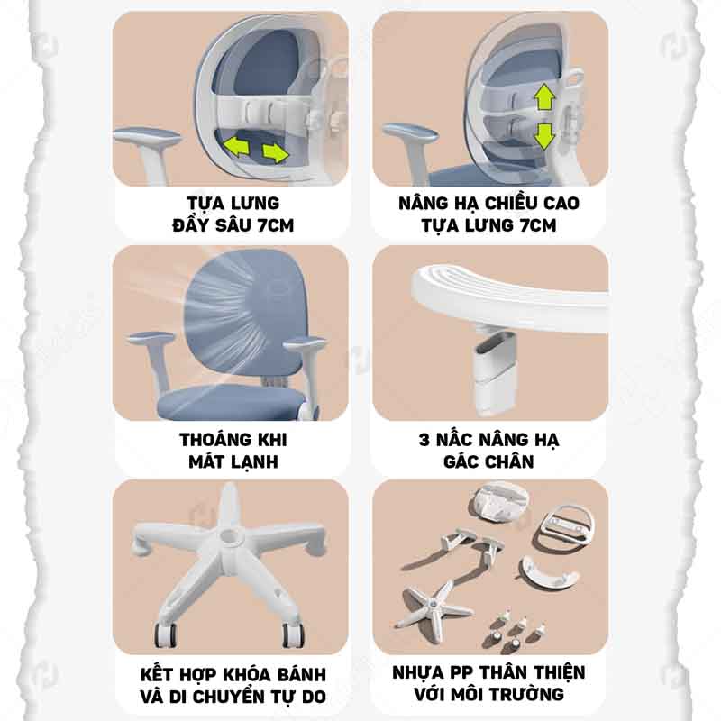 Tổng hợp 6 tính năng nổi bật của ghế chống gù HTDKIDS ZX03: tựa lưng sâu, nâng hạ chiều cao, gác chân 3 nấc, khóa bánh xe, nhựa PP an toàn.