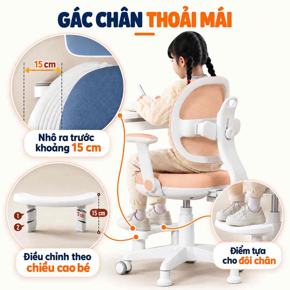 Gác chân ghế học sinh chống gù HTDKids ZX03 điều chỉnh linh hoạt