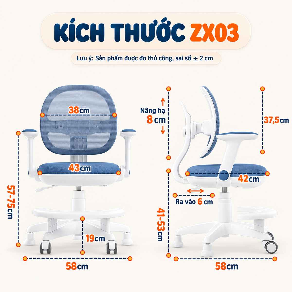 Ghế học sinh chống gù HTDKids ZX03 với thông số kích thước chi tiết