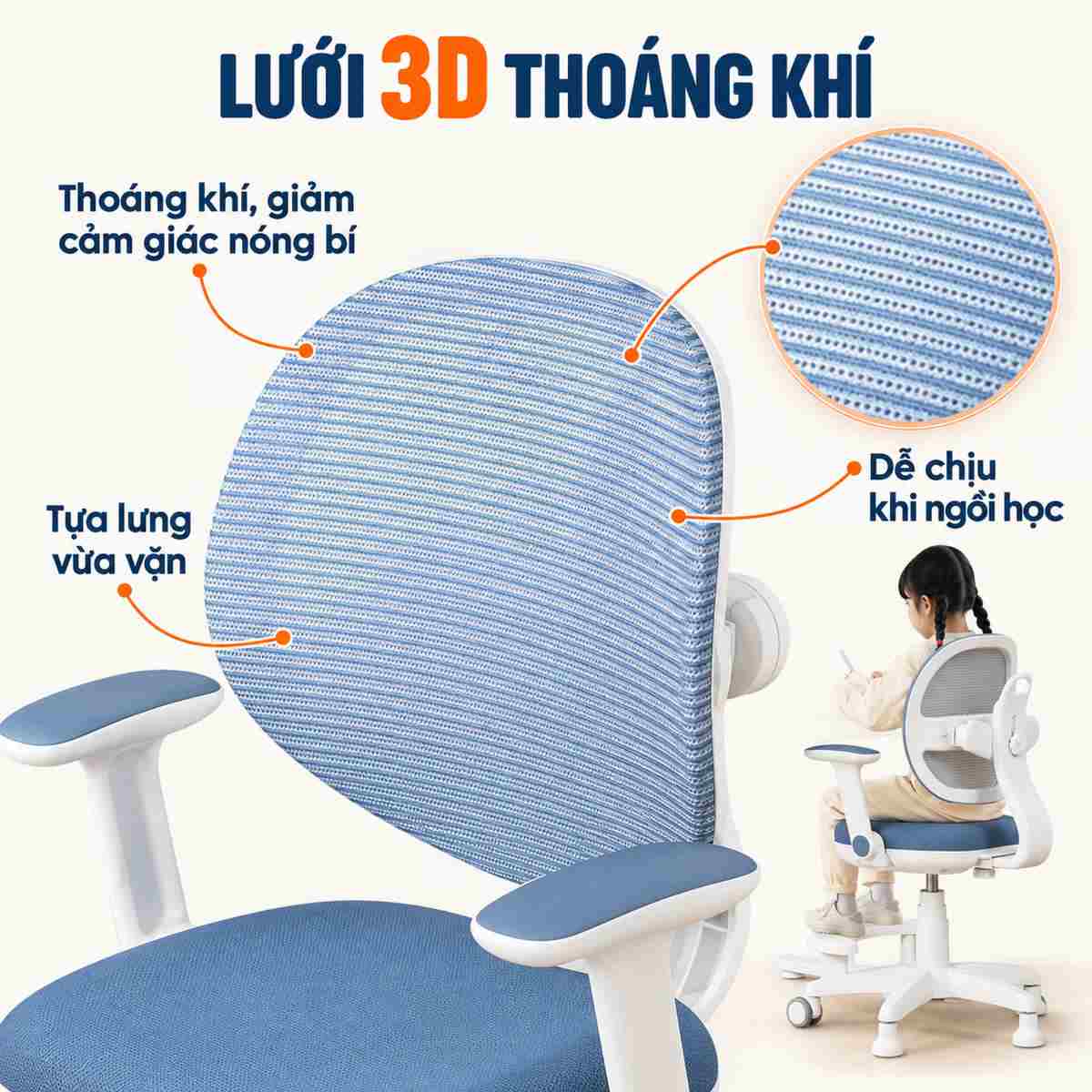 Lưới 3D thoáng khí trên ghế học sinh chống gù HTDKids ZX03