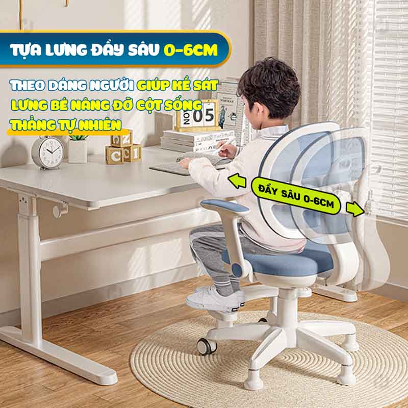 Tựa lưng ghế công thái học cho bé điều chỉnh trượt sâu 0-6cm, giúp ôm sát và nâng đỡ cột sống thẳng tự nhiên khi ngồi học.